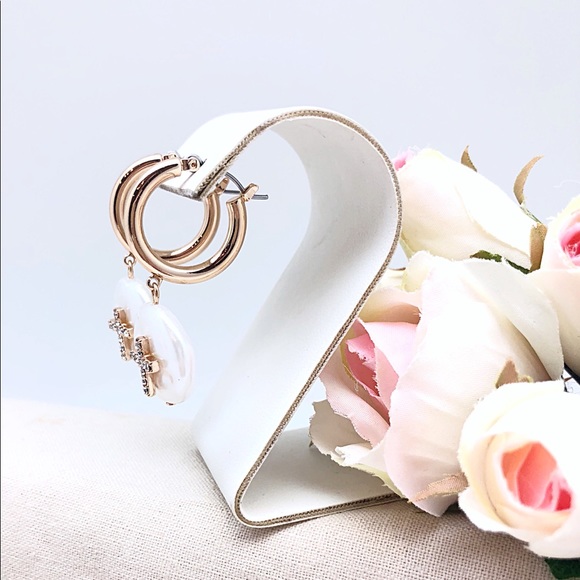 COPY - CZ Cross Freshwater Coin Pearl Gold Hoop Earrings, NEW! Ships in gift box - Picture 3 of 8